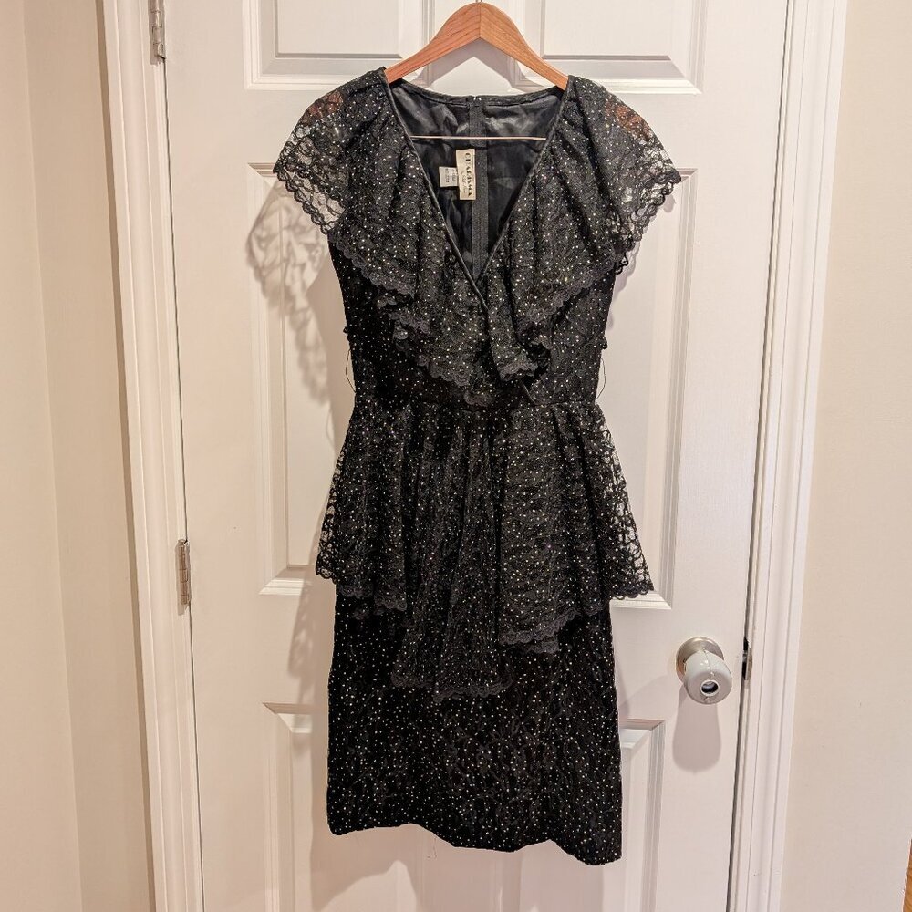 Women's Vintage Dress Charisma by Bel Aire Black Lace Silver Sparkles Size Med